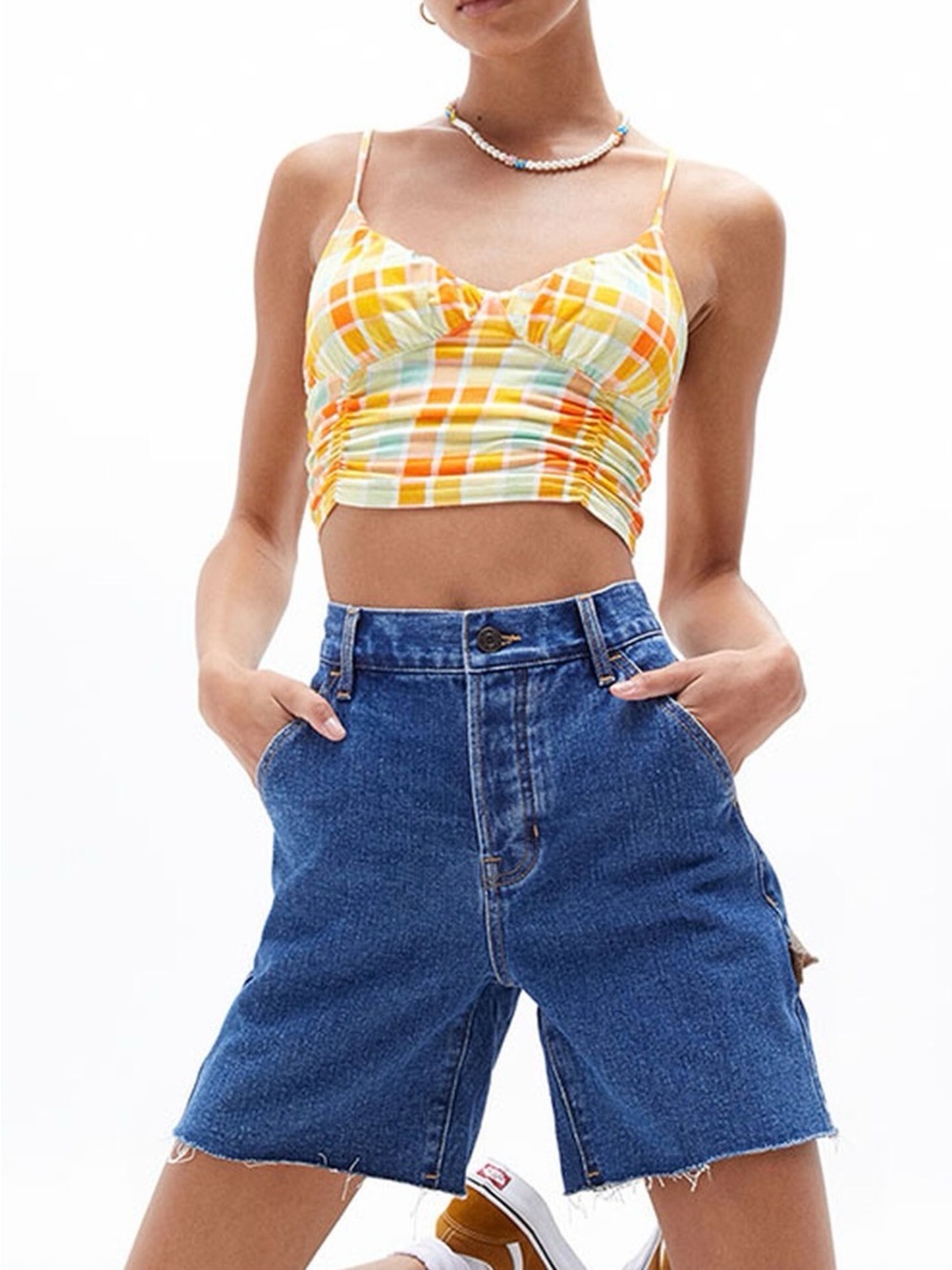 Pac Sun Yellow Orange Plaid Spaghetti Strap Crop Top Smocked Sides Like New